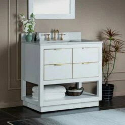 WOODBRIDGE Venice 42"x21"x33" Solid Wood Bath Vanities Side Cabinet In White With Gold Trim And Engineered Stone Composite Vanity Top In Fish Belly White With 3 Pre-Drilled Holes For 8-inch Widespread Faucet. -Woodbridgebath Shop 617a6cffcf75f thumb 600x600