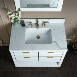 WOODBRIDGE Venice 42"x21"x33" Solid Wood Bath Vanities Side Cabinet In White With Gold Trim And Engineered Stone Composite Vanity Top In Fish Belly White With 3 Pre-Drilled Holes For 8-inch Widespread Faucet. -Woodbridgebath Shop 617a6d027ee95 thumb 600x600