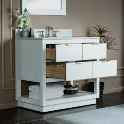 WOODBRIDGE Venice 42"x21"x33" Solid Wood Bath Vanities Side Cabinet In White With Gold Trim And Engineered Stone Composite Vanity Top In Fish Belly White With 3 Pre-Drilled Holes For 8-inch Widespread Faucet. -Woodbridgebath Shop 617a6d03540d9 thumb 600x600