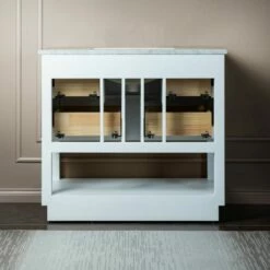 WOODBRIDGE Venice 42"x21"x33" Solid Wood Bath Vanities Side Cabinet In White With Gold Trim And Engineered Stone Composite Vanity Top In Fish Belly White With 3 Pre-Drilled Holes For 8-inch Widespread Faucet. -Woodbridgebath Shop 617a6d0530692 thumb 600x600