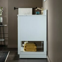 WOODBRIDGE Venice 42"x21"x33" Solid Wood Bath Vanities Side Cabinet In White With Gold Trim And Engineered Stone Composite Vanity Top In Fish Belly White With 3 Pre-Drilled Holes For 8-inch Widespread Faucet. -Woodbridgebath Shop 617a6d0e209f0 thumb 600x600