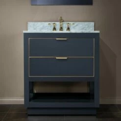 WOODBRIDGE Venice 30"x21"x33" Solid Wood Bath Vanities Side Cabinet In Grey And Gold Trim And Carrara Marble Vanity Top Cabinet With 3 Pre-Drilled Holes For 8-inch Widespread Faucet.