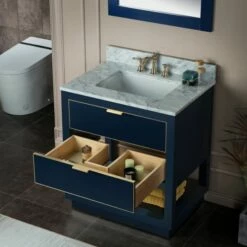 WOODBRIDGE Venice 30"x21"x33" Solid Wood Bath Vanities Side Cabinet In Navy Blue And Gold Trim And Carrara Marble Vanity Top Cabinet With 3 Pre-Drilled Holes For 8-inch Widespread Faucet. -Woodbridgebath Shop 617f970639b7e thumb 600x600