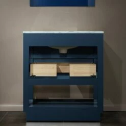 WOODBRIDGE Venice 30"x21"x33" Solid Wood Bath Vanities Side Cabinet In Navy Blue And Gold Trim And Carrara Marble Vanity Top Cabinet With 3 Pre-Drilled Holes For 8-inch Widespread Faucet. -Woodbridgebath Shop 617f970920a3f thumb 600x600