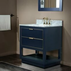 WOODBRIDGE Venice 30"x21"x33" Solid Wood Bath Vanities Side Cabinet In Navy Blue And Gold Trim And Carrara Marble Vanity Top Cabinet With 3 Pre-Drilled Holes For 8-inch Widespread Faucet. -Woodbridgebath Shop 617f970960315 thumb 600x600