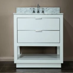 WOODBRIDGE Venice 30"x21"x33" Solid Wood Bath Vanities Side Cabinet In White And Brushed Nickel Trim And Carrara Marble Vanity Top Cabinet With 3 Pre-Drilled Holes For 8-inch Widespread Faucet.