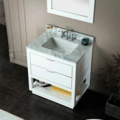 WOODBRIDGE Venice 30"x21"x33" Solid Wood Bath Vanities Side Cabinet In White And Brushed Nickel Trim And Carrara Marble Vanity Top Cabinet With 3 Pre-Drilled Holes For 8-inch Widespread Faucet. -Woodbridgebath Shop 617fa47cad422 thumb 600x600