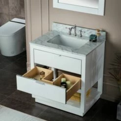 WOODBRIDGE Venice 30"x21"x33" Solid Wood Bath Vanities Side Cabinet In White And Brushed Nickel Trim And Carrara Marble Vanity Top Cabinet With 3 Pre-Drilled Holes For 8-inch Widespread Faucet. -Woodbridgebath Shop 617fa483c3a5b thumb 600x600