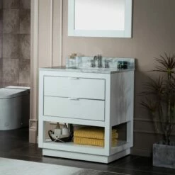 WOODBRIDGE Venice 30"x21"x33" Solid Wood Bath Vanities Side Cabinet In White And Brushed Nickel Trim And Carrara Marble Vanity Top Cabinet With 3 Pre-Drilled Holes For 8-inch Widespread Faucet. -Woodbridgebath Shop 617fa489684ce thumb 600x600
