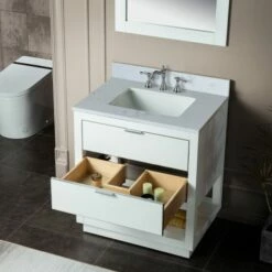 WOODBRIDGE Venice 30"x21"x33" Solid Wood Bath Vanities Side Cabinet In White With Brushed Nickel Trim And Engineered Stone Composite Vanity Top In Carrara White 3 Pre-Drilled Holes For 8-inch Widespread Faucet. -Woodbridgebath Shop 617fa4d3dfdc5 thumb 600x600