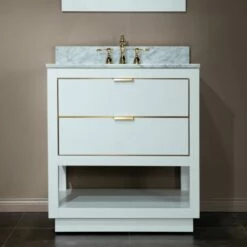 WOODBRIDGE Venice 30"x21"x33" Solid Wood Bath Vanities Side Cabinet In White And Gold Trim And Carrara Marble Vanity Top Cabinet With 3 Pre-Drilled Holes For 8-inch Widespread Faucet.