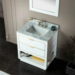 WOODBRIDGE Venice 30"x21"x33" Solid Wood Bath Vanities Side Cabinet In White And Gold Trim And Carrara Marble Vanity Top Cabinet With 3 Pre-Drilled Holes For 8-inch Widespread Faucet. -Woodbridgebath Shop 617fa8c4b465b thumb 600x600