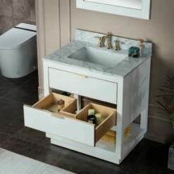 WOODBRIDGE Venice 30"x21"x33" Solid Wood Bath Vanities Side Cabinet In White And Gold Trim And Carrara Marble Vanity Top Cabinet With 3 Pre-Drilled Holes For 8-inch Widespread Faucet. -Woodbridgebath Shop 617fa8c87d04b thumb 600x600