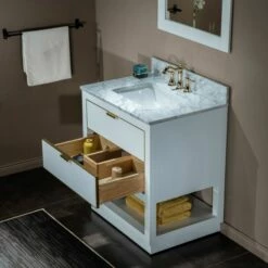 WOODBRIDGE Venice 30"x21"x33" Solid Wood Bath Vanities Side Cabinet In White And Gold Trim And Carrara Marble Vanity Top Cabinet With 3 Pre-Drilled Holes For 8-inch Widespread Faucet. -Woodbridgebath Shop 617fa8cb420ba thumb 600x600