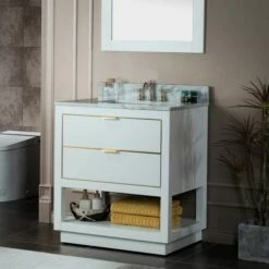 WOODBRIDGE Venice 30"x21"x33" Solid Wood Bath Vanities Side Cabinet In White And Gold Trim And Carrara Marble Vanity Top Cabinet With 3 Pre-Drilled Holes For 8-inch Widespread Faucet. -Woodbridgebath Shop 617fa8d4be1c3 thumb 600x600