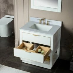 WOODBRIDGE Venice 30"x21"x33" Solid Wood Bath Vanities Side Cabinet In White With Gold Trim And Engineered Stone Composite Vanity Top In Carrara White 3 Pre-Drilled Holes For 8-inch Widespread Faucet. -Woodbridgebath Shop 617faa6dcf13c thumb 600x600