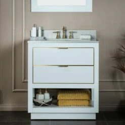 WOODBRIDGE Venice 30"x21"x33" Solid Wood Bath Vanities Side Cabinet In White With Gold Trim And Engineered Stone Composite Vanity Top In Carrara White 3 Pre-Drilled Holes For 8-inch Widespread Faucet.