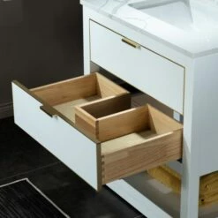 WOODBRIDGE Venice 30"x21"x33" Solid Wood Bath Vanities Side Cabinet In White With Gold Trim And Engineered Stone Composite Vanity Top In Carrara White 3 Pre-Drilled Holes For 8-inch Widespread Faucet. -Woodbridgebath Shop 617faa71a72f6 thumb 600x600