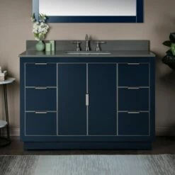 WOODBRIDGE Venice 48"x21"x33" Solid Wood Bath Vanities Side Cabinet In Navy Blue With Gold And Engineered Stone Composite Vanity Top In Dark Gray With 3 Pre-Drilled Holes For 8-inch Widespread Faucet.