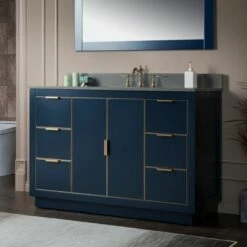 WOODBRIDGE Venice 48"x21"x33" Solid Wood Bath Vanities Side Cabinet In Navy Blue With Gold And Engineered Stone Composite Vanity Top In Dark Gray With 3 Pre-Drilled Holes For 8-inch Widespread Faucet. -Woodbridgebath Shop 61825201ae23e thumb 600x600