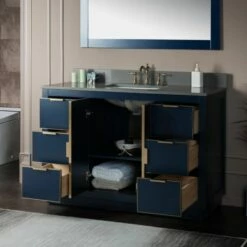 WOODBRIDGE Venice 48"x21"x33" Solid Wood Bath Vanities Side Cabinet In Navy Blue With Gold And Engineered Stone Composite Vanity Top In Dark Gray With 3 Pre-Drilled Holes For 8-inch Widespread Faucet. -Woodbridgebath Shop 6182520b502aa thumb 600x600