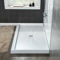 WOODBRIDGE SBR4832-1000C Solid Surface Shower Base With Recessed Trench Side Including Stainless Steel Linear Cover, 48" L X 32" W X 4" H,Center Drain White Color -Woodbridgebath Shop 61dd39a0dfd50 thumb 600x600