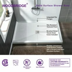 WOODBRIDGE SBR4832-1000C Solid Surface Shower Base With Recessed Trench Side Including Stainless Steel Linear Cover, 48" L X 32" W X 4" H,Center Drain White Color -Woodbridgebath Shop 61dd39a67d833 thumb 600x600