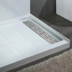 WOODBRIDGE SBR4832-1000R Solid Surface Shower Base With Recessed Trench Side Including Stainless Steel Linear Cover, 48" L X 32" W X 4" H,Right Drain White Color -Woodbridgebath Shop 61dd3e7701751 thumb 600x600