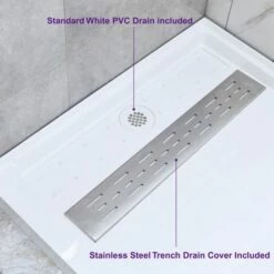 WOODBRIDGE SBR4836-1000L Solid Surface Shower Base With Recessed Trench Side Including Stainless Steel Linear Cover, 48" L X 36" W X4 H,Left Drain White Color -Woodbridgebath Shop 61dd459de8703 thumb 600x600