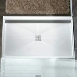 WOODBRIDGE SBR6030-1000C Solid Surface Shower Base With Recessed Trench Side Including Stainless Steel Linear Cover, 60" L X 30" W X 4" H,Center Drain White Color -Woodbridgebath Shop 61dd4b8855d35 thumb 600x600