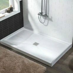 WOODBRIDGE SBR6030-1000C Solid Surface Shower Base With Recessed Trench Side Including Stainless Steel Linear Cover, 60" L X 30" W X 4" H,Center Drain White Color -Woodbridgebath Shop 61dd4b9916a84 thumb 600x600