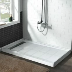 WOODBRIDGE SBR6030-1000L Solid Surface Shower Base With Recessed Trench Side Including Stainless Steel Linear Cover, 60" L X 30" W X 4" H,Left Drain White Color -Woodbridgebath Shop 61dd4d87c1eba thumb 600x600