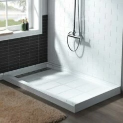 WOODBRIDGE SBR6030-1000L Solid Surface Shower Base With Recessed Trench Side Including Stainless Steel Linear Cover, 60" L X 30" W X 4" H,Left Drain White Color -Woodbridgebath Shop 61dd4da04fbb1 thumb 600x600