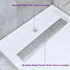 WOODBRIDGE SBR6030-1000R Solid Surface Shower Base With Recessed Trench Side Including Stainless Steel Linear Cover, 60" L X 30" W X 4" H,Right Drain White Color -Woodbridgebath Shop 61de9b8ab1e27 thumb 600x600