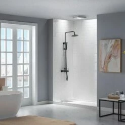 WOODBRIDGE SBR6032-1000L Solid Surface Shower Base With Recessed Trench Side Including Stainless Steel Linear Cover, 60" L X 32" W X 4" H, Left Drain White Color -Woodbridgebath Shop 61de9f681e3d8 thumb 600x600