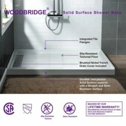 WOODBRIDGE SBR6032-1000L Solid Surface Shower Base With Recessed Trench Side Including Stainless Steel Linear Cover, 60" L X 32" W X 4" H, Left Drain White Color -Woodbridgebath Shop 61de9f6c714ac thumb 600x600