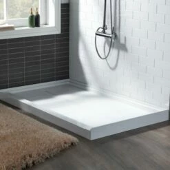 WOODBRIDGE SBR6032-1000R Solid Surface Shower Base With Recessed Trench Side Including Stainless Steel Linear Cover, 60" L X 32" W X 4" H, Right Drain, White Color -Woodbridgebath Shop 61dfc57425896 thumb 600x600