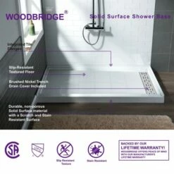 WOODBRIDGE SBR6032-1000R Solid Surface Shower Base With Recessed Trench Side Including Stainless Steel Linear Cover, 60" L X 32" W X 4" H, Right Drain, White Color -Woodbridgebath Shop 61dfc57ab33f8 thumb 600x600
