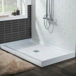 WOODBRIDGE SBR6034-1000C Solid Surface Shower Base With Recessed Trench Side Including Stainless Steel Linear Cover, 60" L X 34" W X 4" H,Center Drain White Color -Woodbridgebath Shop 61dfc69b29df8 thumb 600x600