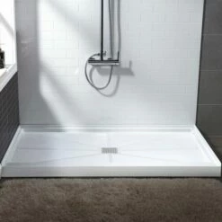 WOODBRIDGE SBR6036-1000C Solid Surface Shower Base With Recessed Trench Side Including Stainless Steel Linear Cover, 60" L X 36" W X 4" H,Center Drain White Color -Woodbridgebath Shop 61dfca1f3d458 thumb 600x600