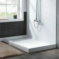 WOODBRIDGE SBR6036-1000L Solid Surface Shower Base With Recessed Trench Side Including Stainless Steel Linear Cover, 60" L X 36" W X 4" H,Left Drain White Color -Woodbridgebath Shop 61dfcb40ced7f thumb 600x600