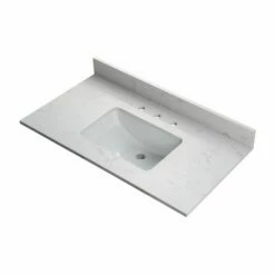 WOODBRIDGE 37" X22" Vanity Top With Single Under Mount Rectangle Bowl, Carrara White Engineered Stone, Pre-drilled With 3-hole For 8-inch Widespread Faucet Set Up Option, CALAVT3722-8 -Woodbridgebath Shop 61e672aebbed0 thumb 600x600