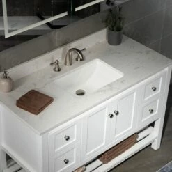 WOODBRIDGE 43" X22" Vanity Top With Single Under Mount Rectangle Bowl, Carrara White Engineered Stone, Pre-drilled With 3-hole For 8-inch Widespread Faucet Set Up Option, CALAVT4322-8 -Woodbridgebath Shop 61e6743b93e21 thumb 600x600