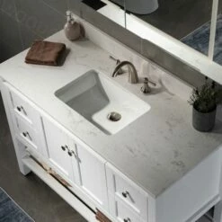 WOODBRIDGE 43" X22" Vanity Top With Single Under Mount Rectangle Bowl, Carrara White Engineered Stone, Pre-drilled With 3-hole For 8-inch Widespread Faucet Set Up Option, CALAVT4322-8 -Woodbridgebath Shop 61e67441e83bc thumb 600x600