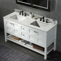 WOODBRIDGE 61" X 22" Vanity Top With Double Under Mount Rectangle Bowls, Carrara White Engineered Stone, Pre-drilled With 3-hole For 8-inch Widespread Faucet Set Up Option, CALAVT6122D-8 -Woodbridgebath Shop 61e676b6a3f2d thumb 600x600