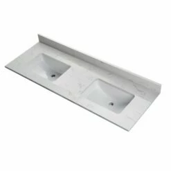 WOODBRIDGE 61" X 22" Vanity Top With Double Under Mount Rectangle Bowls, Carrara White Engineered Stone, Pre-drilled With 3-hole For 8-inch Widespread Faucet Set Up Option, CALAVT6122D-8 -Woodbridgebath Shop 61e676b82e5a1 thumb 600x600
