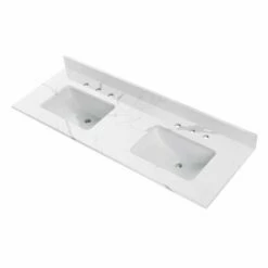 WOODBRIDGE 61" X 22" Vanity Top With Double Under Mount Rectangle Bowls, Fish Belly Engineered Stone, Pre-drilled With 3-hole For 4-inch Centerset Faucet Set Up Option, FBVT6122D-4
