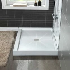 WOODBRIDGE SBR3636-1000C Solid Surface Shower Base With Recessed Trench Side Including Stainless Steel Linear Cover, 36" L X 36" W X 4" H,Center Drain White Color -Woodbridgebath Shop 621738fe1844f thumb 600x600