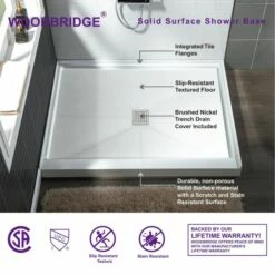 WOODBRIDGE SBR3636-1000C Solid Surface Shower Base With Recessed Trench Side Including Stainless Steel Linear Cover, 36" L X 36" W X 4" H,Center Drain White Color -Woodbridgebath Shop 62173905ad36f thumb 600x600