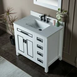 WOODBRIDGE Milan 37" Floor Mounted Single Basin Vanity Set With Solid Wood Cabinet In White And Engineered Stone Composite Vanity Top In Carrara White With Pre-installed Undermount Rectangle Bathroom Sink In White And Pre-Drilled 3-Hole For 8-inch Widesp -Woodbridgebath Shop 623ad660573b7 thumb 600x600